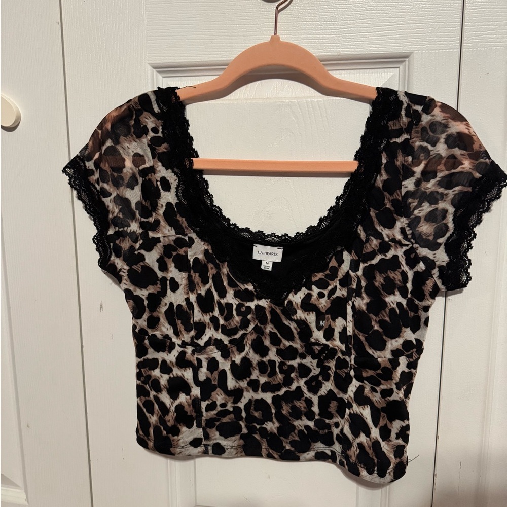 La Hearts Leopard Print Lace Trim Crop Blouse